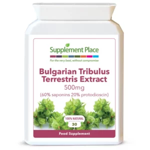 Bulgarian Tribulus Terrestris extract supplied in 500mg capsules providing 60% saponins and 20% protodioscin in a letterbox-friendly pot. Front label.
