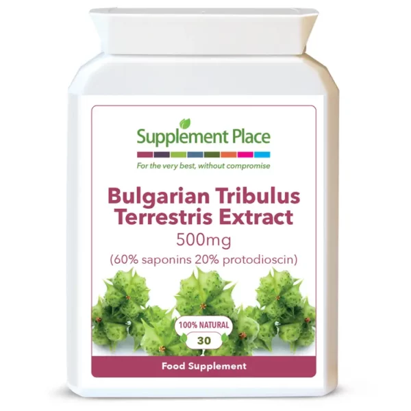Bulgarian Tribulus Terrestris extract supplied in 500mg capsules providing 60% saponins and 20% protodioscin in a letterbox-friendly pot. Front label.