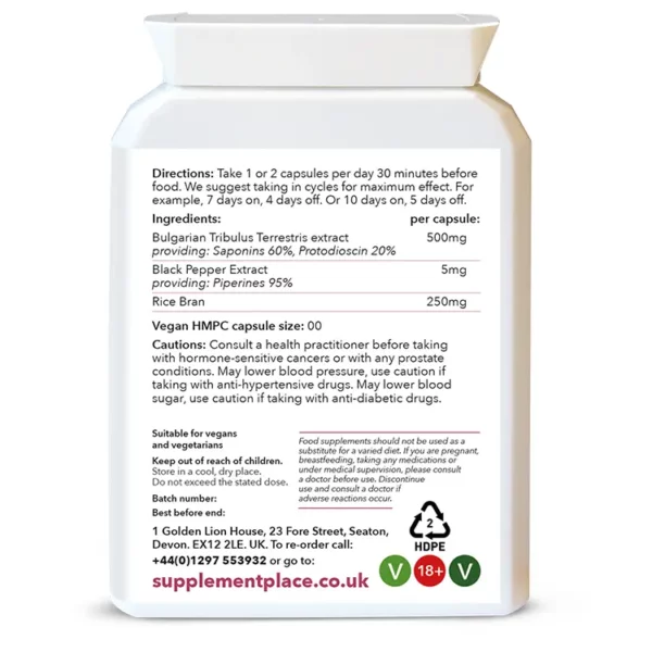 Bulgarian Tribulus Terrestris supplied in 500mg capsules providing 60% saponins and 20% protodioscin in a letterbox-friendly pot. Rear label.