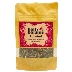 Unwind tisane by Holly Botanic, lemon balm and hibiscus. Herbal tea to relax and calm, 20 cup loose. Recyclable packaging.