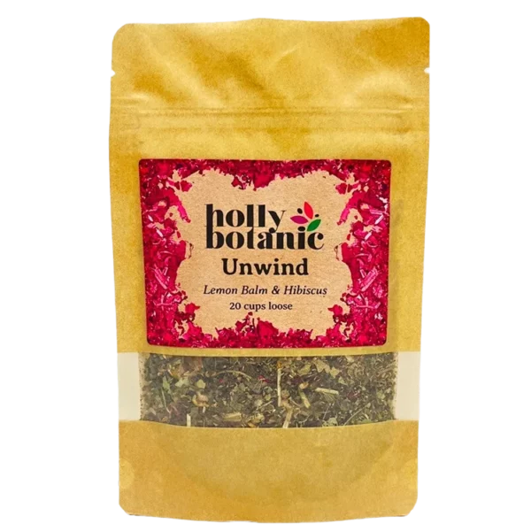 Unwind tisane by Holly Botanic, lemon balm and hibiscus. Herbal tea to relax and calm, 20 cup loose. Recyclable packaging.