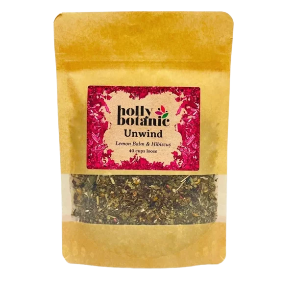 Unwind tisane by Holly Botanic, lemon balm and hibiscus to relax and calm, 40 cup loose. Recyclable packaging.