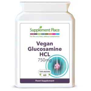 Vegan Glucosamine Hydrochloride supplied in 750mg capsules sourced from fermented corn. Front label.