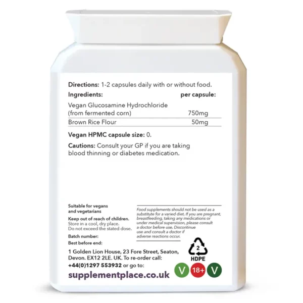 Vegan Glucosamine Hydrochloride supplied in 750mg capsules sourced from fermented corn. Rear label.