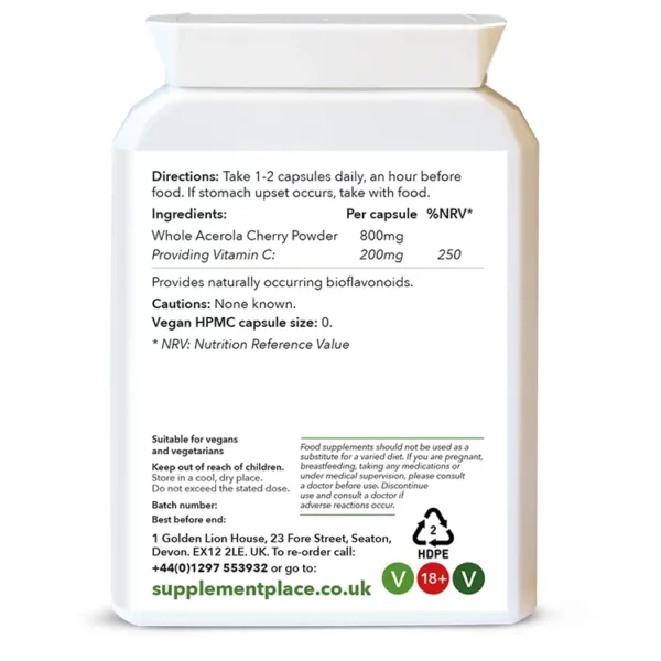 Wholefood Vitamin C supplied in 800mg capsules providing 200mg of natural Vitamin C from acerola cherry powder. Rear label.