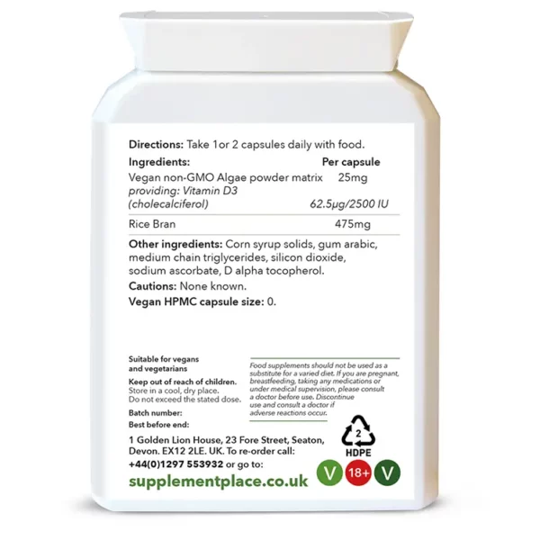 Wholefood Vitamin D3 capsules providing 2500 IU per capsule in a letterbox friendy pot. Rear label