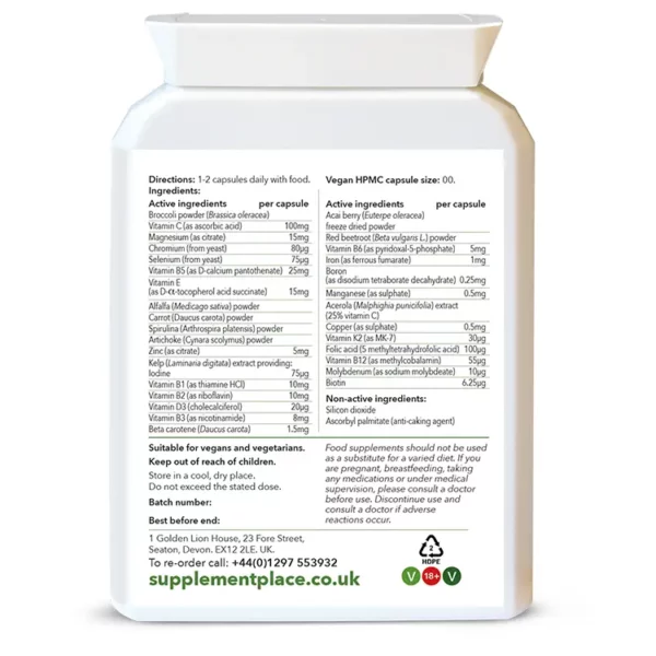 Wholefood multivitamins and minerals capsules providing 23 vitamins and minerals sourced from fruits and vegetables. Nothing synthetic! Rear label.