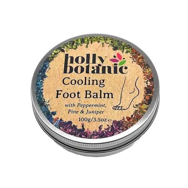 Colling foot balm from Holly Botanic, side view. It comes in a 100g aluminium, recyclable, screw lid tin.