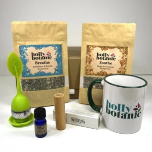 Immune support gift set includes 20 cup of breathe tisane, 20 cups of soothe tisane, 5ml defence essential oil blend, an inhaler, infuser and mug. Presented in a magnetic-close, cardboard, reusable gift box.