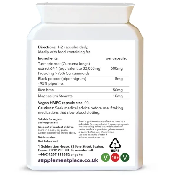 Curcumin and black pepper capsules, 95% curcuminoids, 500mg capsules. Rear Label