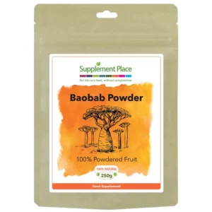 100% organic baobab fruit powder pouch front. 250g, 500g or 1kg recyclable pouch and scoop.