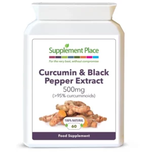 Curcumin (turmeric) and black pepper extract 500mg capsules - equivalent to 32,000mg of pure turmeric root. 95% curcuminoids. Packaged in a recyclable pot. Front