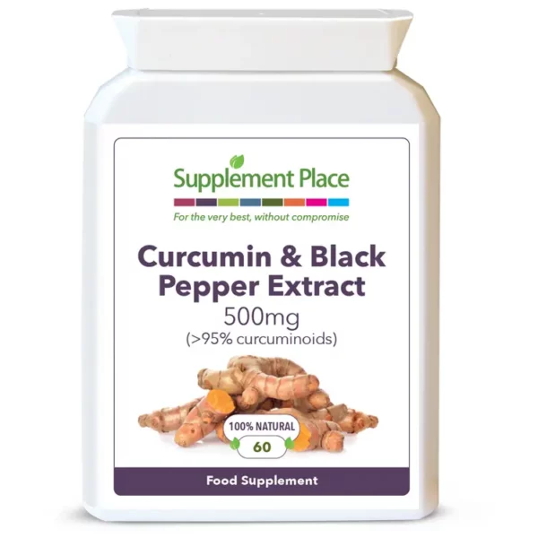 Curcumin (turmeric) and black pepper extract 500mg capsules - equivalent to 32,000mg of pure turmeric root. 95% curcuminoids. Packaged in a recyclable pot. Front