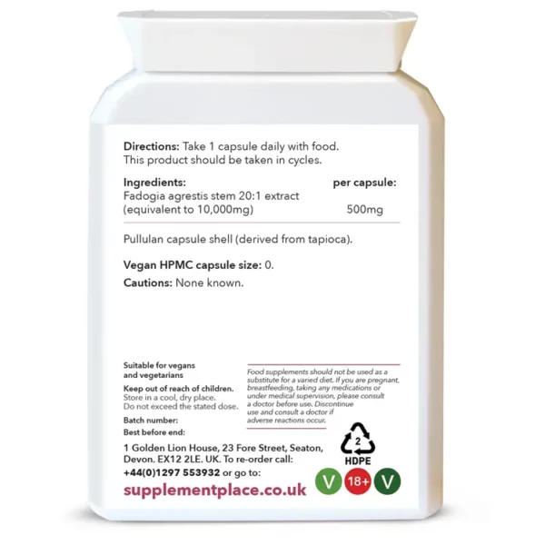 Fadogia Agrestis 500mg capsules, equivalent to 10,000 mg. Rear Label