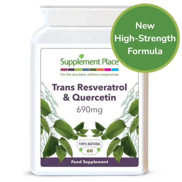 Trans Resveratrol + Quercetin Capsules 690mg high Strength, one a day capsules. Recyclable Bottles of 60, 120 or 240 capsules. New formula