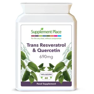 Trans Resveratrol + Quercetin Capsules 690mg high Strength, one a day capsules. Recyclable Bottles of 60, 120 or 240 capsules.