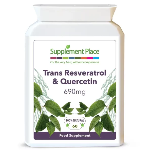 Trans Resveratrol + Quercetin Capsules 690mg high Strength, one a day capsules. Recyclable Bottles of 60, 120 or 240 capsules.