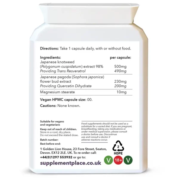 Trans resveratrol 490mg and quercetin dihydrate 200mg, high strength one a day capsules.
