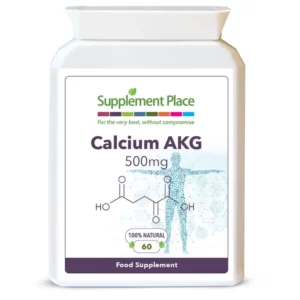 Calcium Alpha-Ketoglutarate 500mg Capsules providing 21% calcium in a letterbox-friendly pot. Front label.
