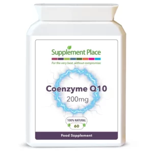 Co Enzyme Q10 200mg capsules in a letterbox-friendly pot for a natural energy boost. Front label.