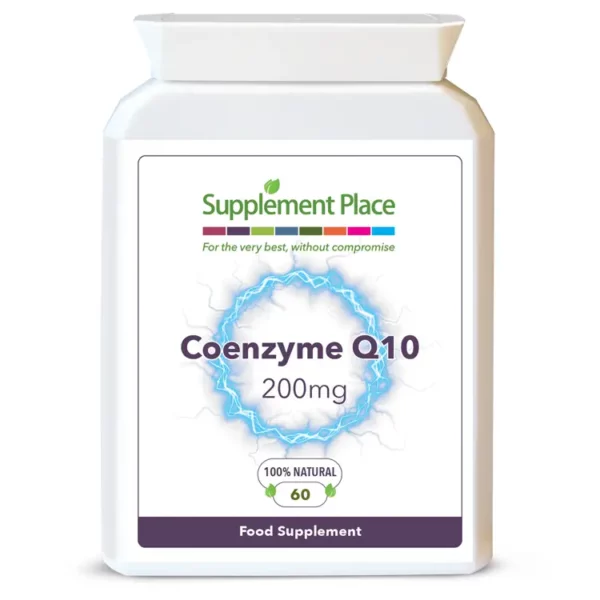 Co Enzyme Q10 200mg capsules in a letterbox-friendly pot for a natural energy boost. Front label.
