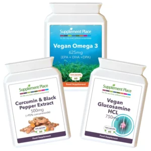 Joints Supplements Bundle | Curcumin & black pepper, vegan omega 3 and vegan glucosamine capsules.