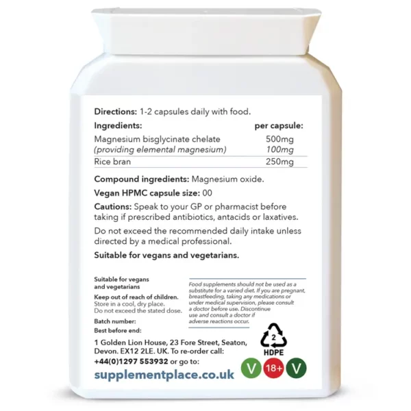 Magnesium Bisglycinate supplied in 500mg capsules providing 100mg of elemental magnesium. Available in 60, 120 or 240 capsules supplied in a plastic, recyclable, letterbox-friendly pot. Rear label.