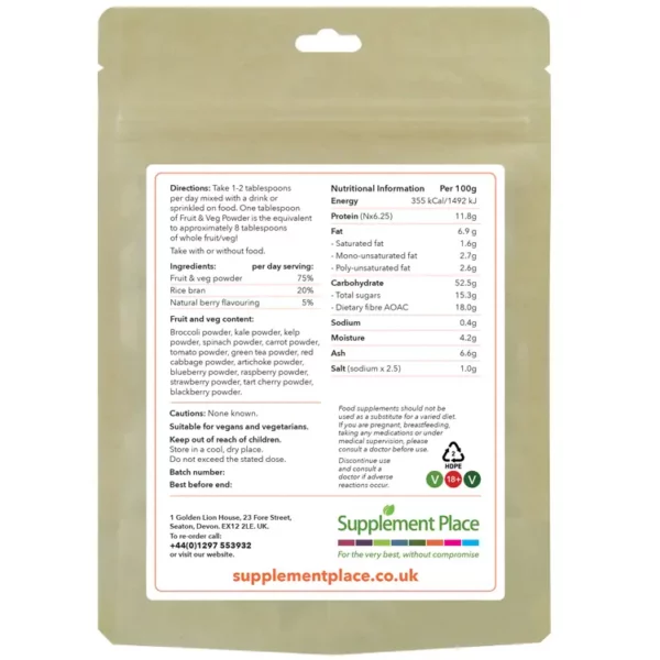 Fruit & Veg Powder Pouch Rear. Blend of berries, greens and root vegetables. 250g recyclable pouch.