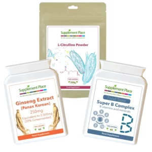 Energy Bundle. L-Citrulline Powder 180g, Panax Korean Ginseng x 30 capsules and Food-state Super B Complex x 60 tablets.