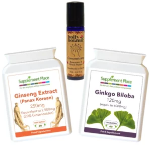 Focus Bundle. Supplements to support focus, memory and cognition. Ginkgo Biloba, Ginseng, concentrate pulse point oil. Save money by buying as a bundle.