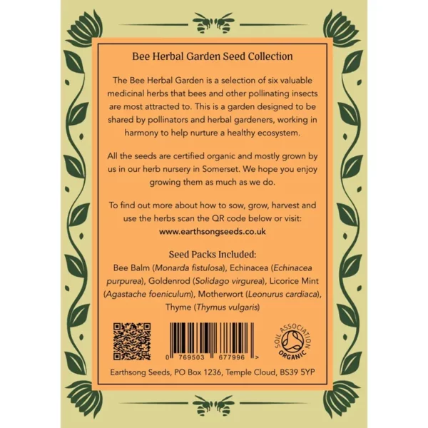 Bee Herbal Garden Organic Seeds. 6 packets of seeds. Rear or Box