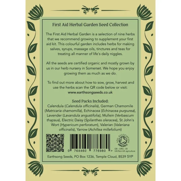 First Aid Herbal Gardeb organic seed packets. Rear