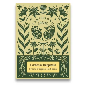 Garden of Happiness organic herb seeds. 6 packets of seeds including lavender, lemon balm, clary sage, st john's wort, vervain and tulsi.