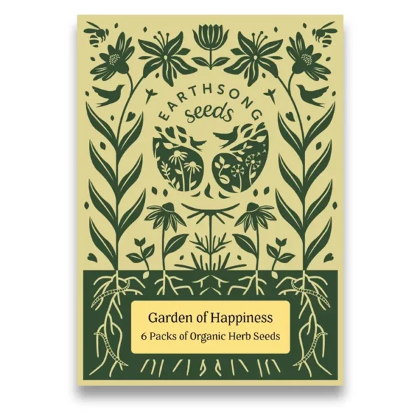 Garden of Happiness organic herb seeds. 6 packets of seeds including lavender, lemon balm, clary sage, st john's wort, vervain and tulsi.