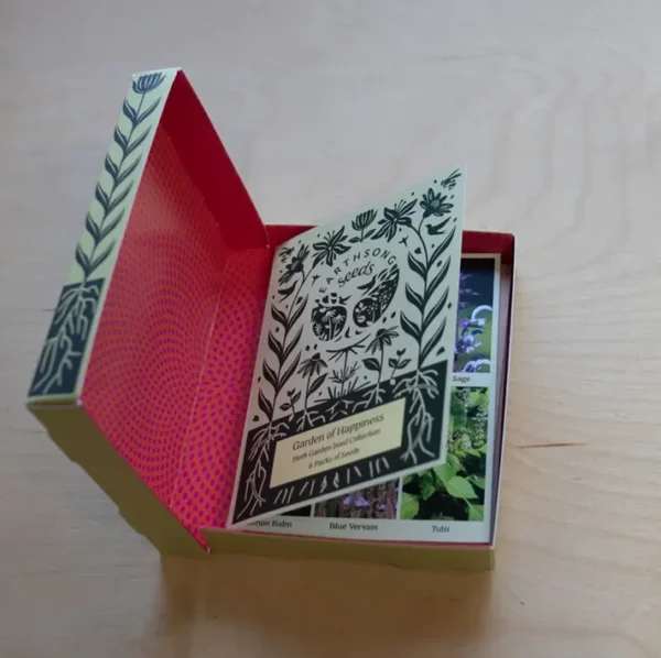 Garden of Happiness organic herb seeds. A look inside the box