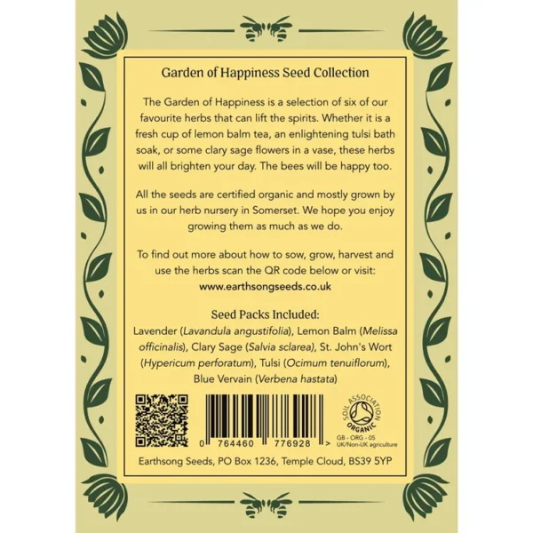 Garden of Happiness organic seeds. 6 packets of organic herb seeds. Rear