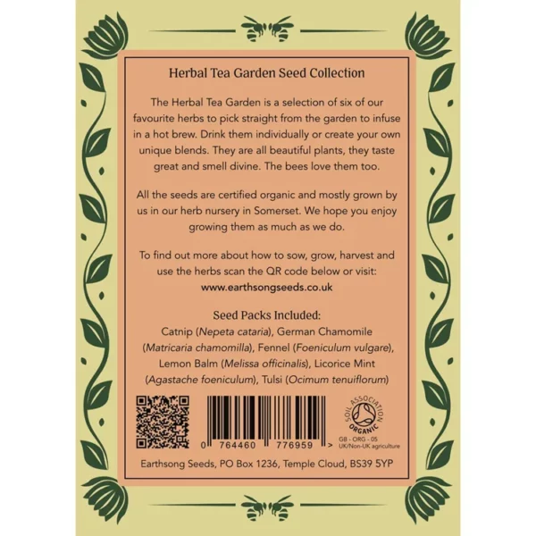 Herbal Tea Garden, 6 packets of organic herb seeds to make herbal infusions. Rear