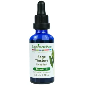 Sage tincture. Dried leaf extract, 1:2 strength, 45% alcohol. 50ml glass bottle with dropper lid.