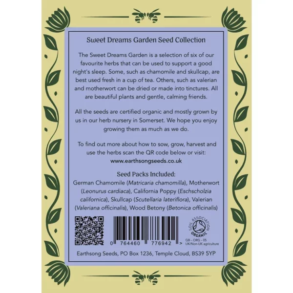 Sweet Dreams Garden - 6 packets of organic herb seeds to sow, grow and harvest. Rear