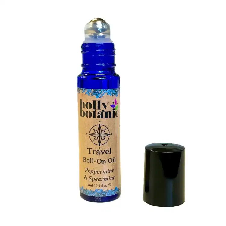 Travel oil roll-on pulse point oil, peppermint and spearmint, 9ml, lid off