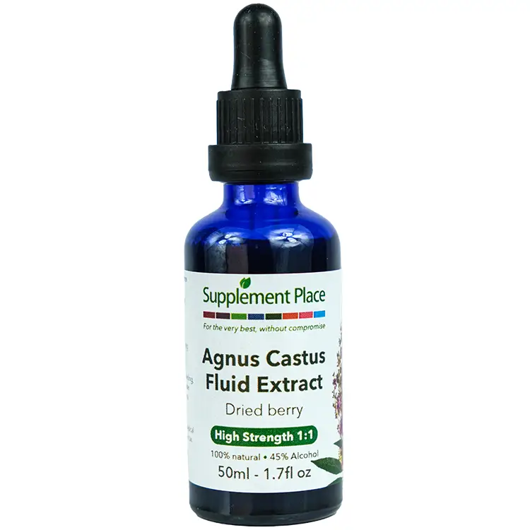 Agnus Castus fluid extract. Dried berry, high strength 1:1, 45% alcohol. 50ml glass bottle with dropper lid.