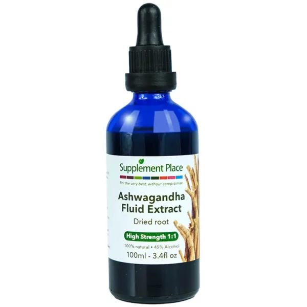 Ashwagandha fluid extract. Dried root, 1:1 high strength, 45% alcohol. 100ml glass bottle with dropper lid.