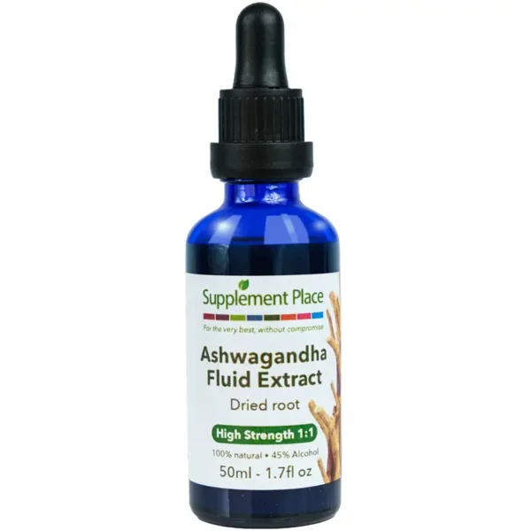Ashwagandha fluid extract. Dried root, 1:1 high strength, 45% alcohol. 50ml glass bottle with dropper lid.