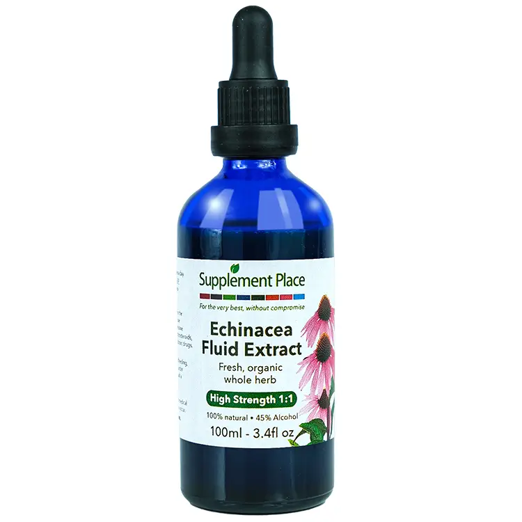 Echinacea fluid extract. Organic, fresh whole herb extract, high strength 1:1 high strength, 45% alcohol. 100ml glass bottle with dropper lid.