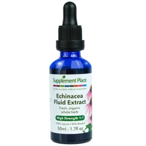 Echinacea fluid extract. Organic, fresh whole herb extract, high strength 1:1 high strength, 45% alcohol. 50ml glass bottle with dropper lid.
