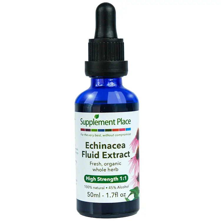 Echinacea fluid extract. Organic, fresh whole herb extract, high strength 1:1 high strength, 45% alcohol. 50ml glass bottle with dropper lid.