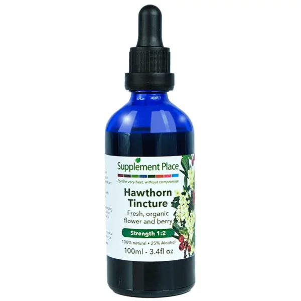 Hawthorn tincture. Fresh, organic flower and berry extract. 1:2 strength, 25% alcohol. 100ml glass bottle with dropper lid.