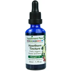 Hawthorn tincture. Fresh, organic flower and berry extract. 1:2 strength, 25% alcohol. 50ml glass bottle with dropper lid.