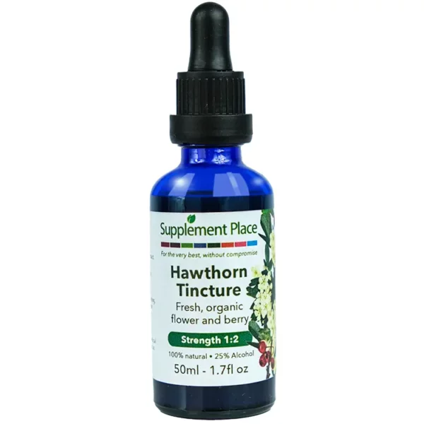 Hawthorn tincture. Fresh, organic flower and berry extract. 1:2 strength, 25% alcohol. 50ml glass bottle with dropper lid.