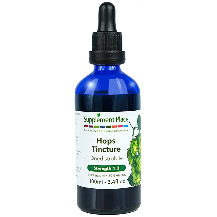 Hops Tincture. Dried strobile extract, 1:3 strength, 60% alcohol. 100ml glass bottle with dropper lid.